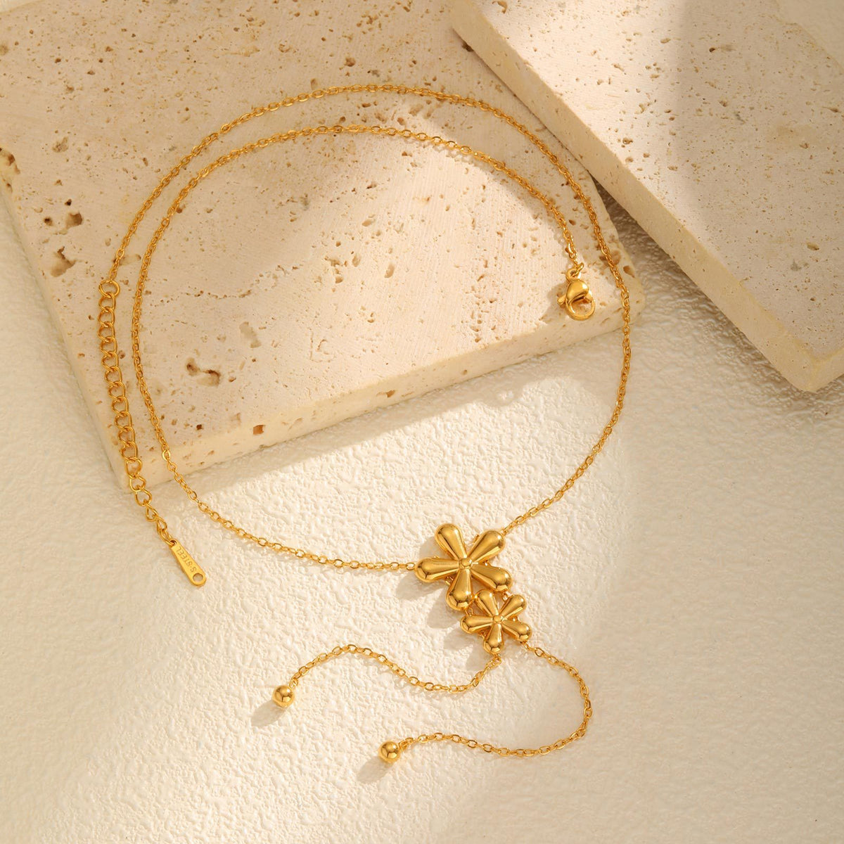 Style Women Stainless Steel Flat Cross Chain Double Flower Y-Shaped Necklace Gold