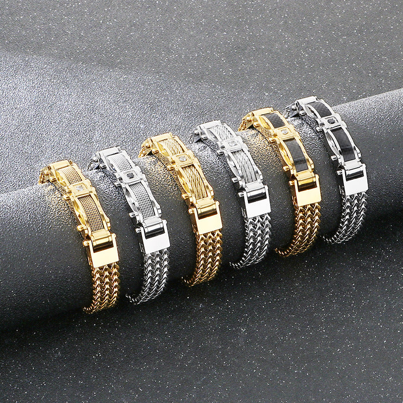 Buckle Front & Back Chain – Hip-Hop Zircon Weiya Line Mesh Curved Bar Stainless Bracelet