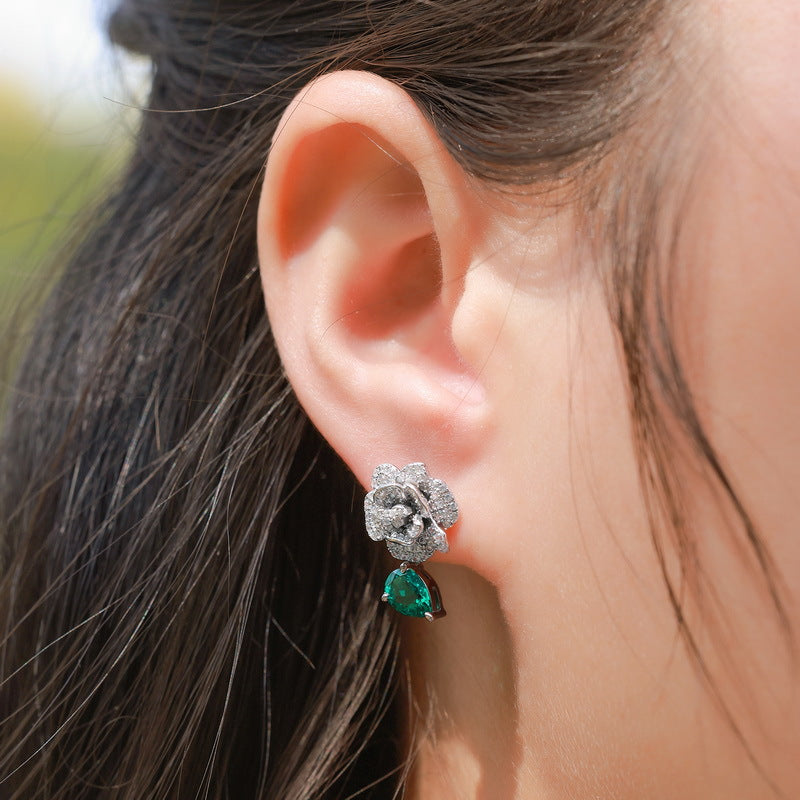 S925 Sterling Silver Lab-Grown Emerald Camellia Stud Earrings