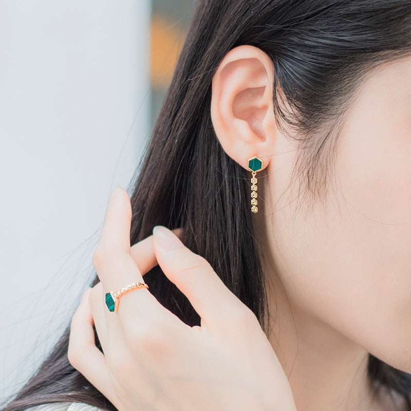 Hexagonal Green Malachite Honeycomb Asymmetrical Sterling Silver Earrings