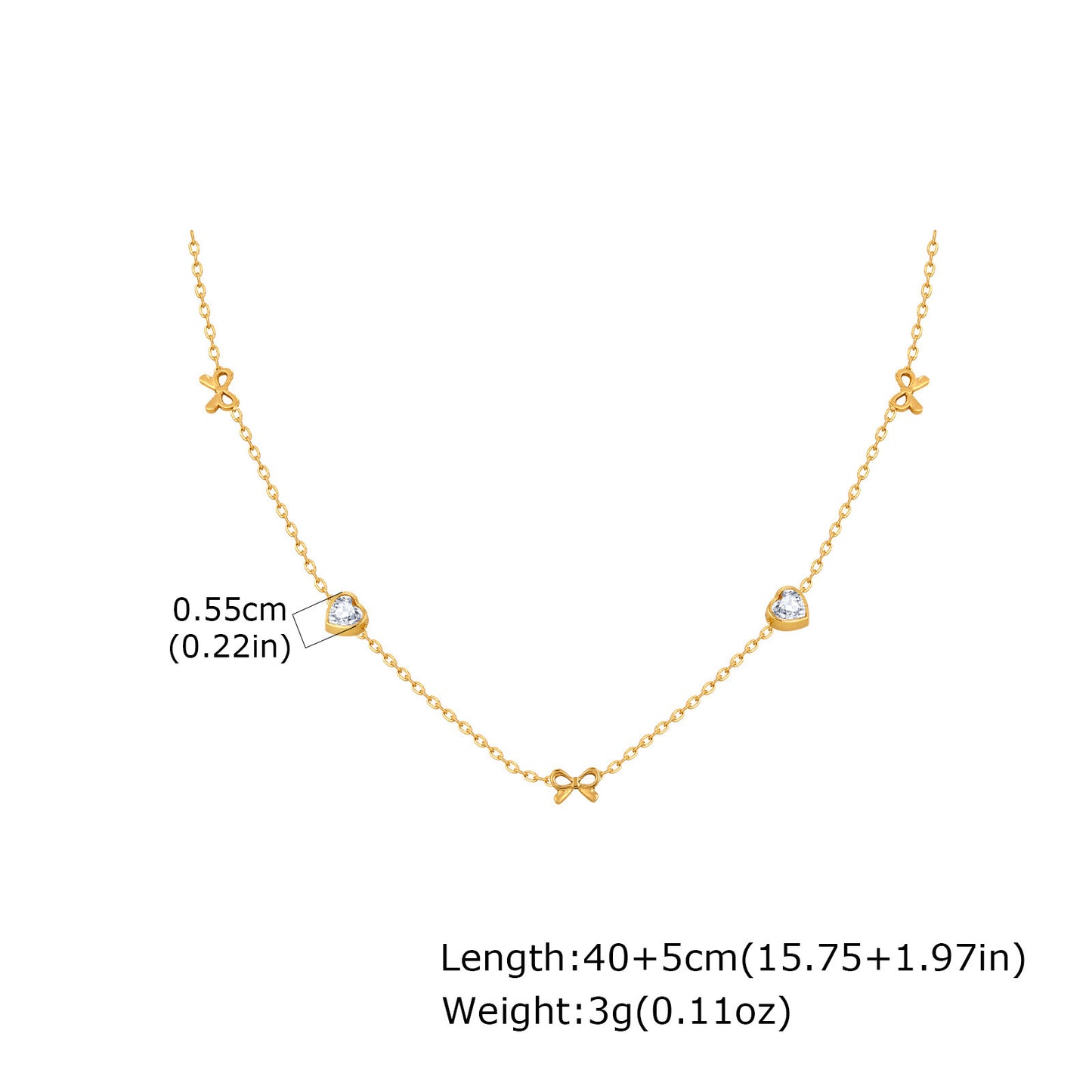 Stainless Steel Heart-Shaped White Zircon Cherry Heart-Shaped White Zircon Bow Necklace