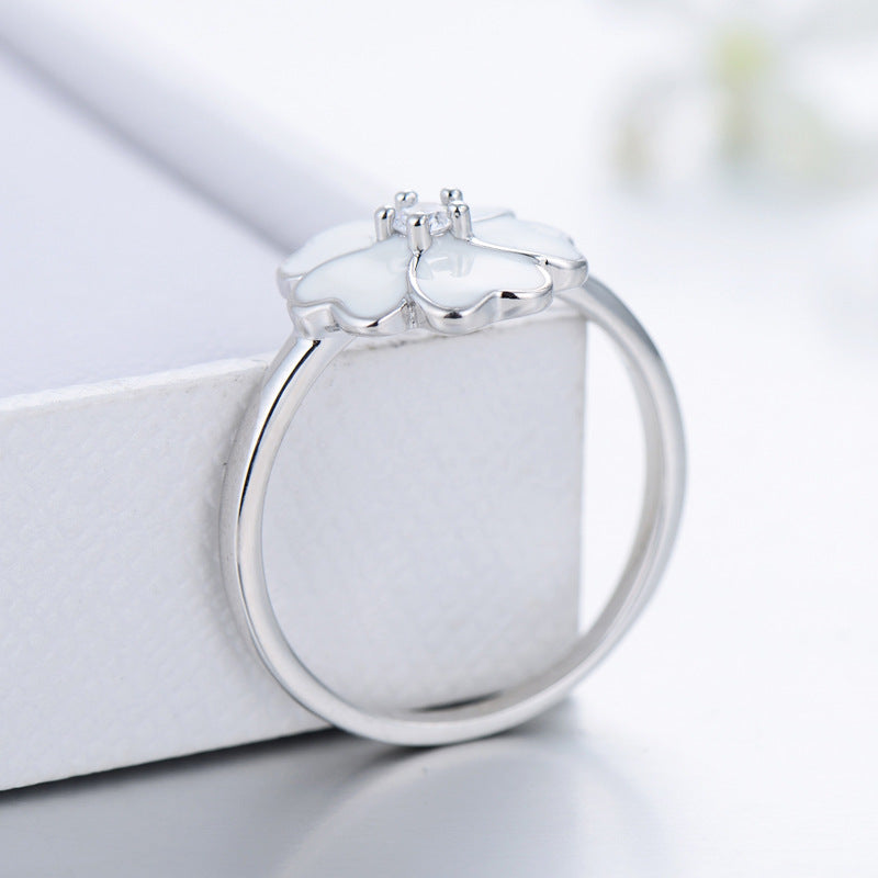 Elegant Sterling Silver Four-leaf Clover Enamel Ring with Zircon Gems