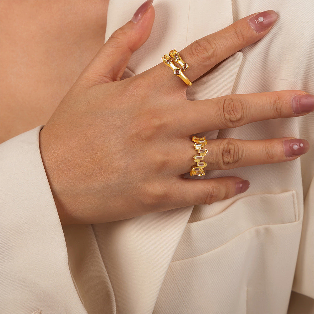 European Copper Open Ring with Irregular Geometric Zircon Design