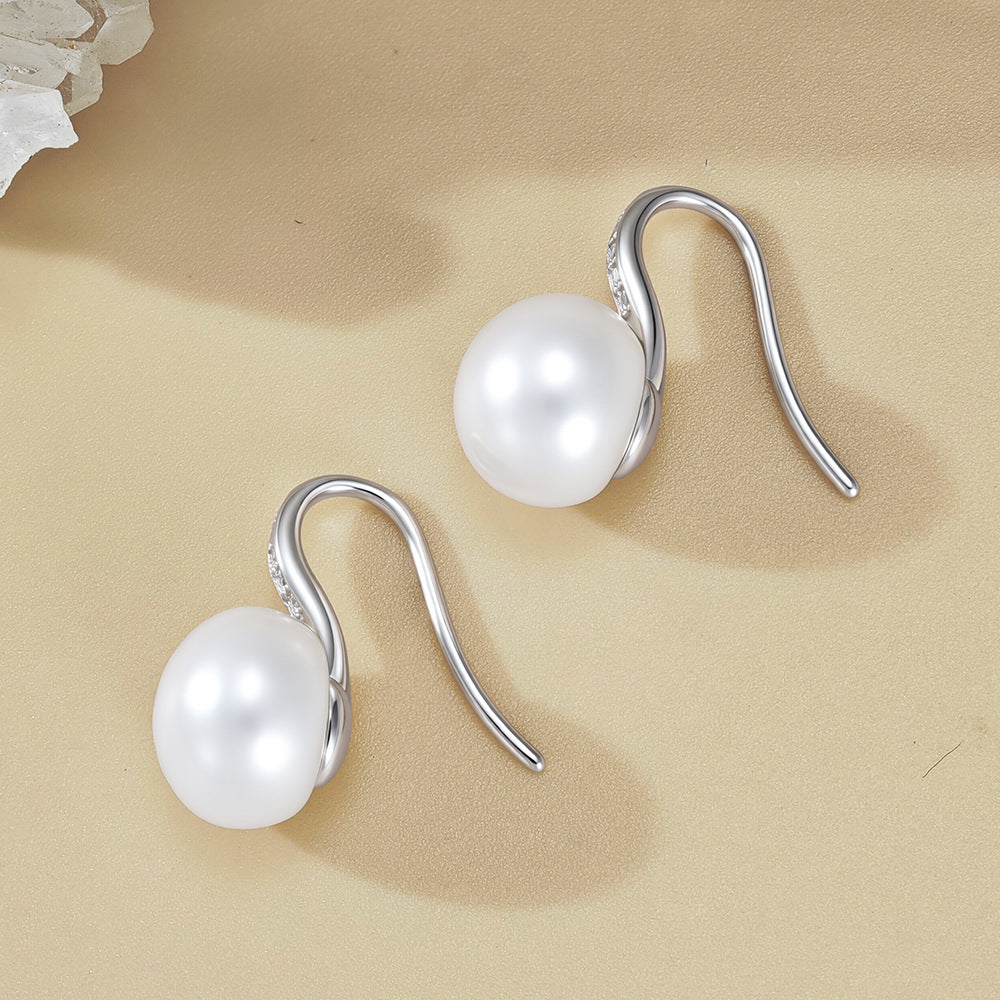 S925 Sterling Silver Natural Freshwater Pearl Earrings Zircon Ear Hook Earrings