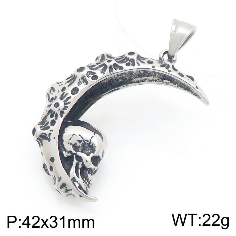 Gothic Style Dark Crescent Rose Pendant, Punk Vintage Skull Moon Titanium Steel Men's Necklace