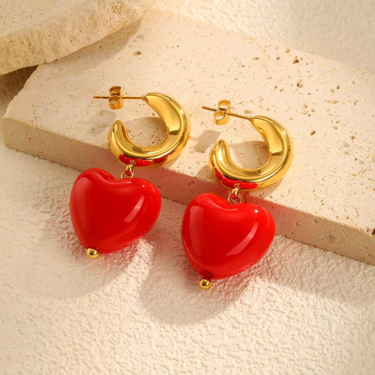 Red Heart Charm Gold-Tone Hoop Earrings
