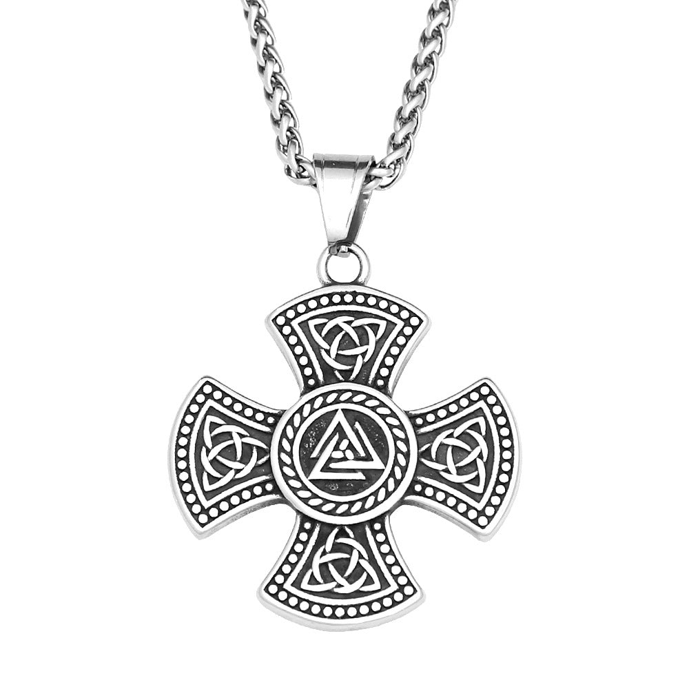 European And American New Titanium Steel Celtic Viking Rune Logo Cross Pendant Men's Hip-Hop Necklace Jewelry Wholesale