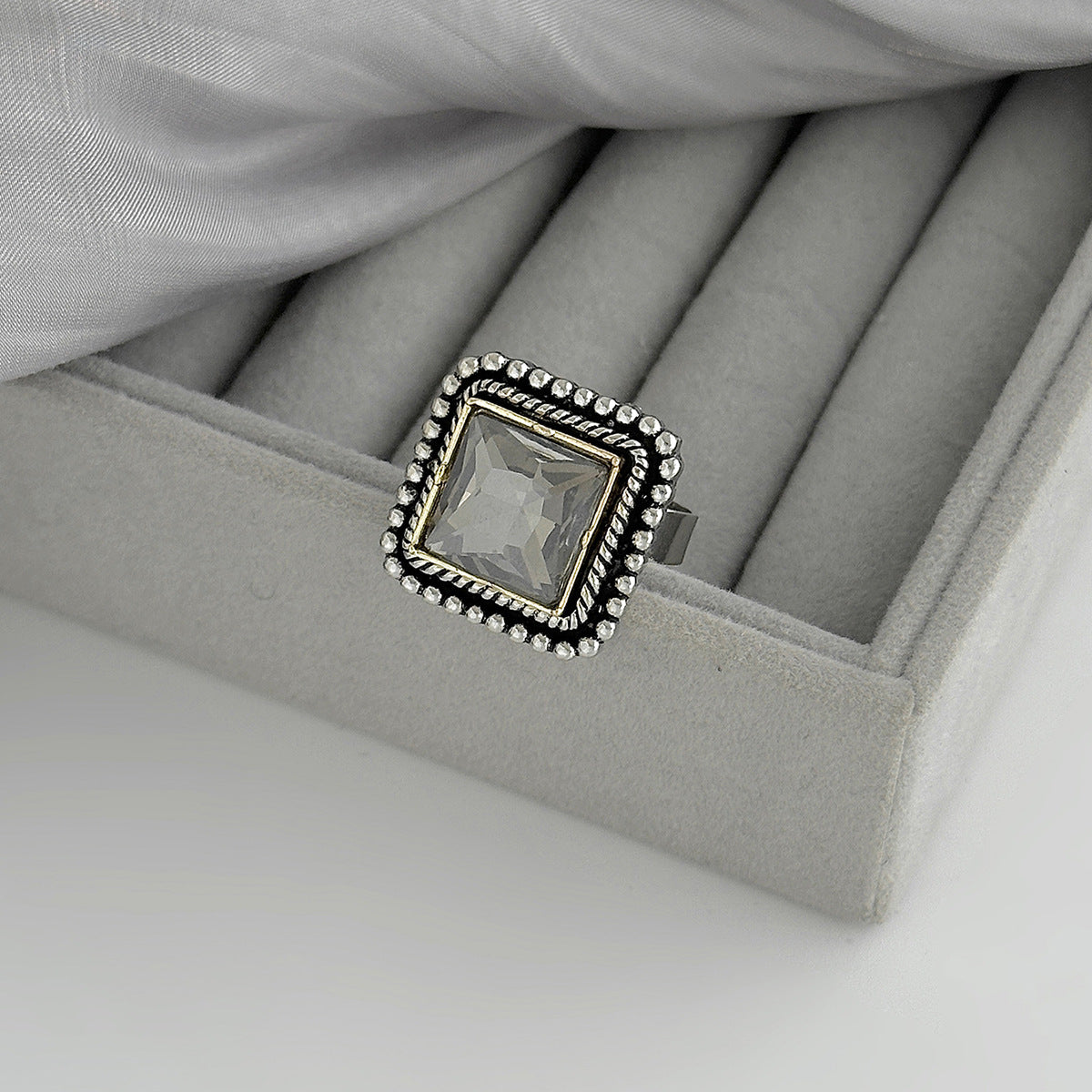 Planderful Vienna Verve Vintage Geometric Inlaid Zircon Open Ring Handcrafted Statement Jewelry For Women
