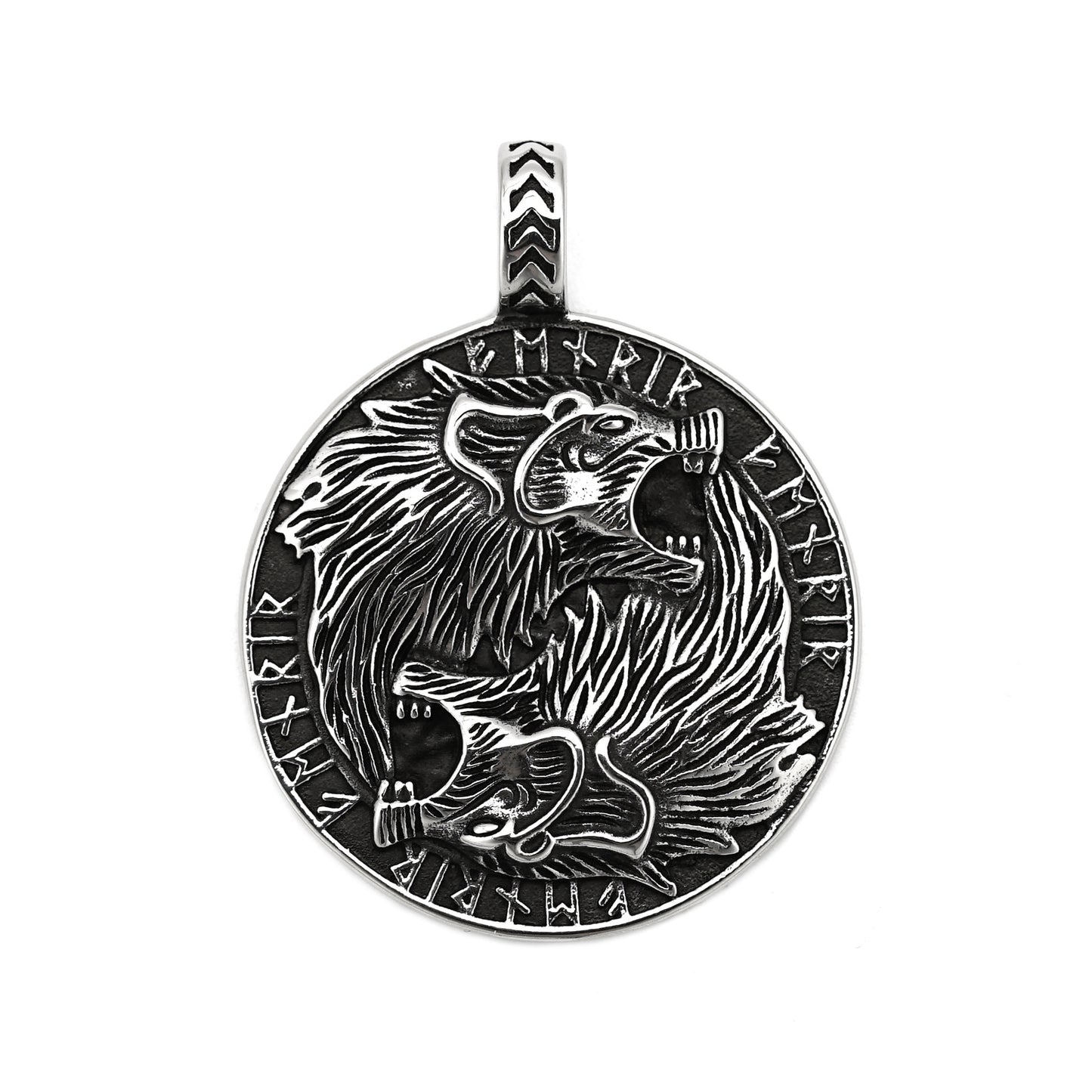 Steel Necklace - Statement Double Wolf Head Pendant