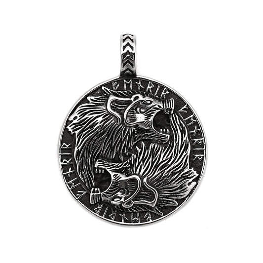 Steel Necklace - Statement Double Wolf Head Pendant