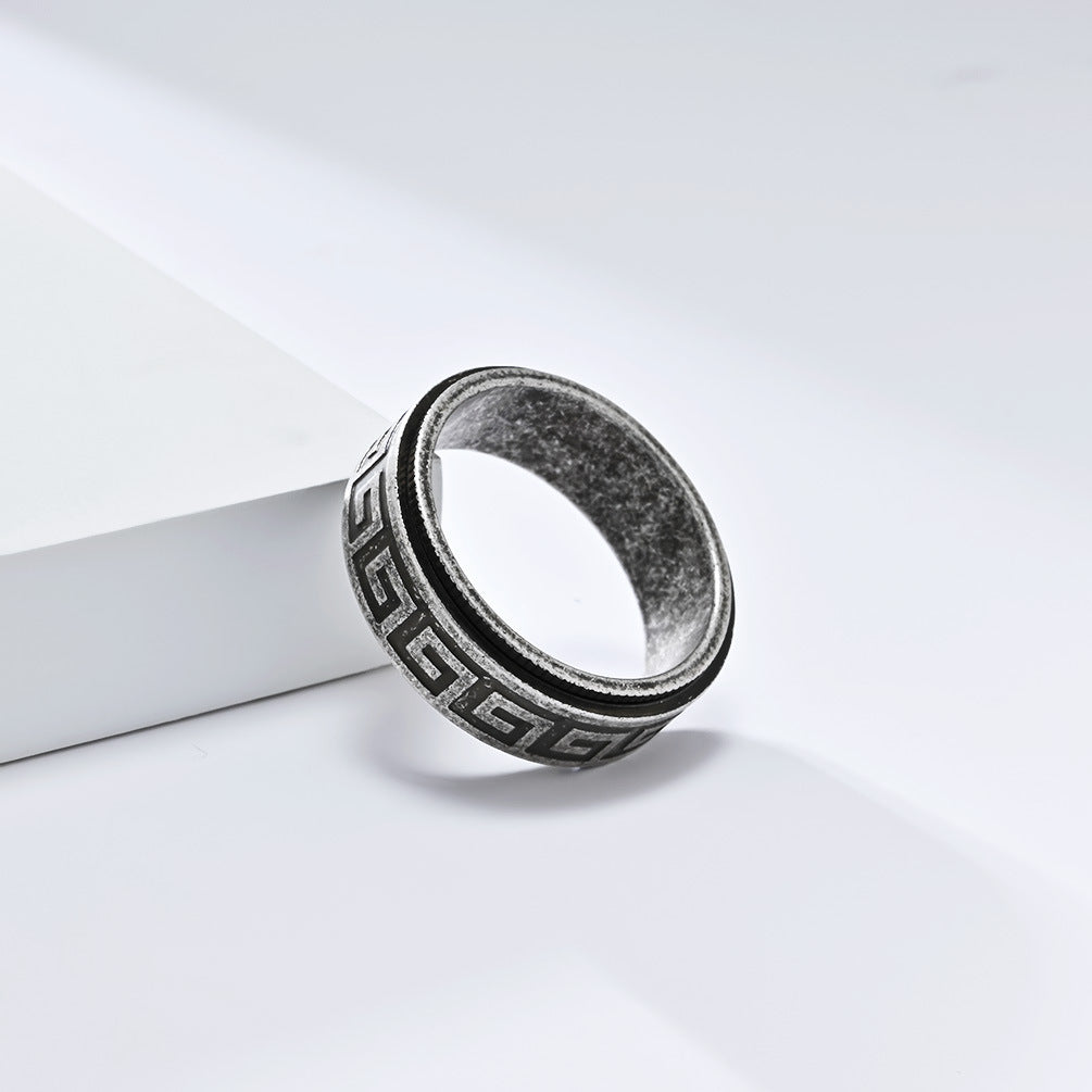 Planderful Rotatable Decompression Ring For Men With Retro Great Wall Pattern In Titanium Steel