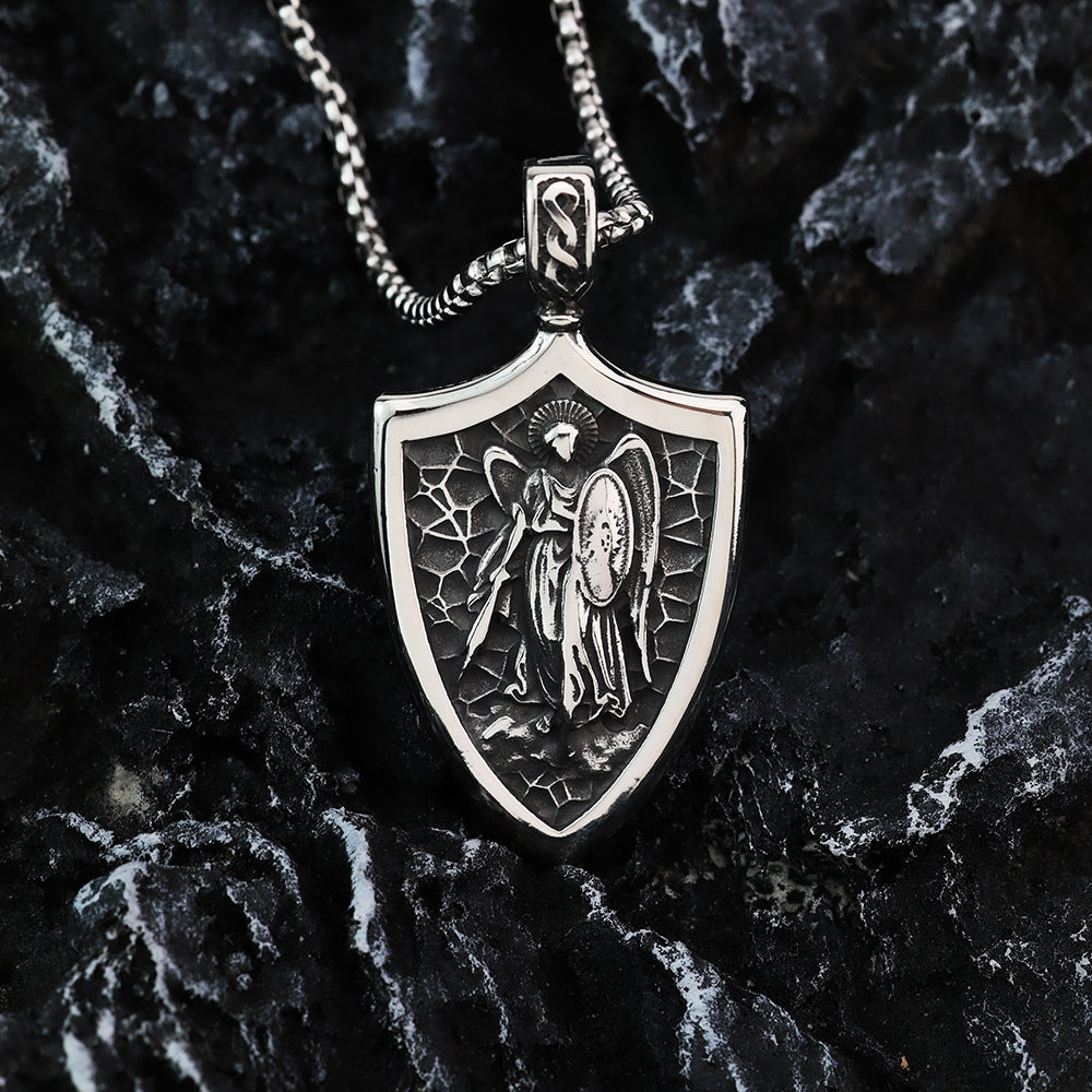 Vintage Men's Stainless Steel Pendant St. Michael's Angel Necklace