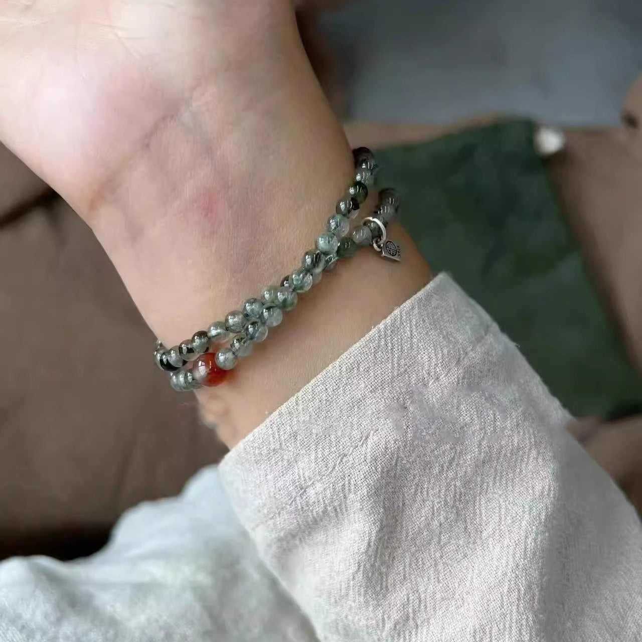 Blessing Brand Sterling Silver Bracelet with Green Hair Crystal