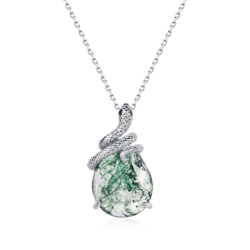 Planderful Jewelry Moss Agate Necklace Sterling Silver Snake Pendant Collarbone Chain