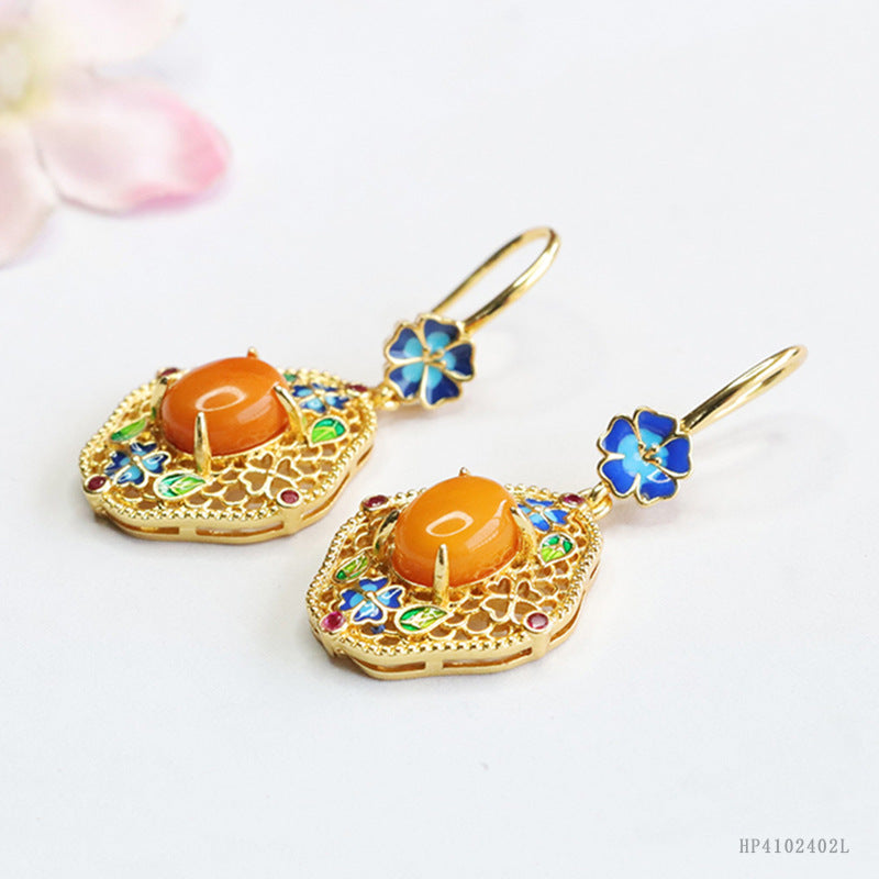 Beeswax Amber Enamel Flower Drop Earrings