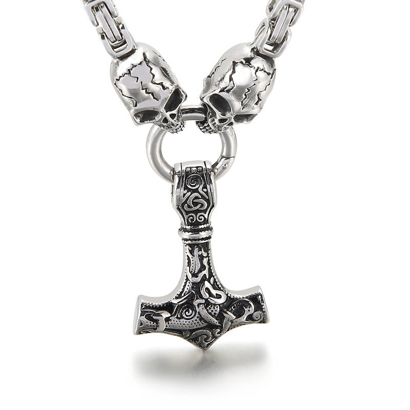 Men's Vintage Thor's Hammer Skull Necklace, Customizable Titanium Steel Pendant, Various Designs Available for Men