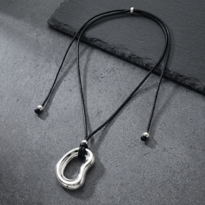 Minimalist Trend Versatile Irregular O-Shaped Pendant Adjustable Black Wax Rope Stainless Steel Men's Necklace