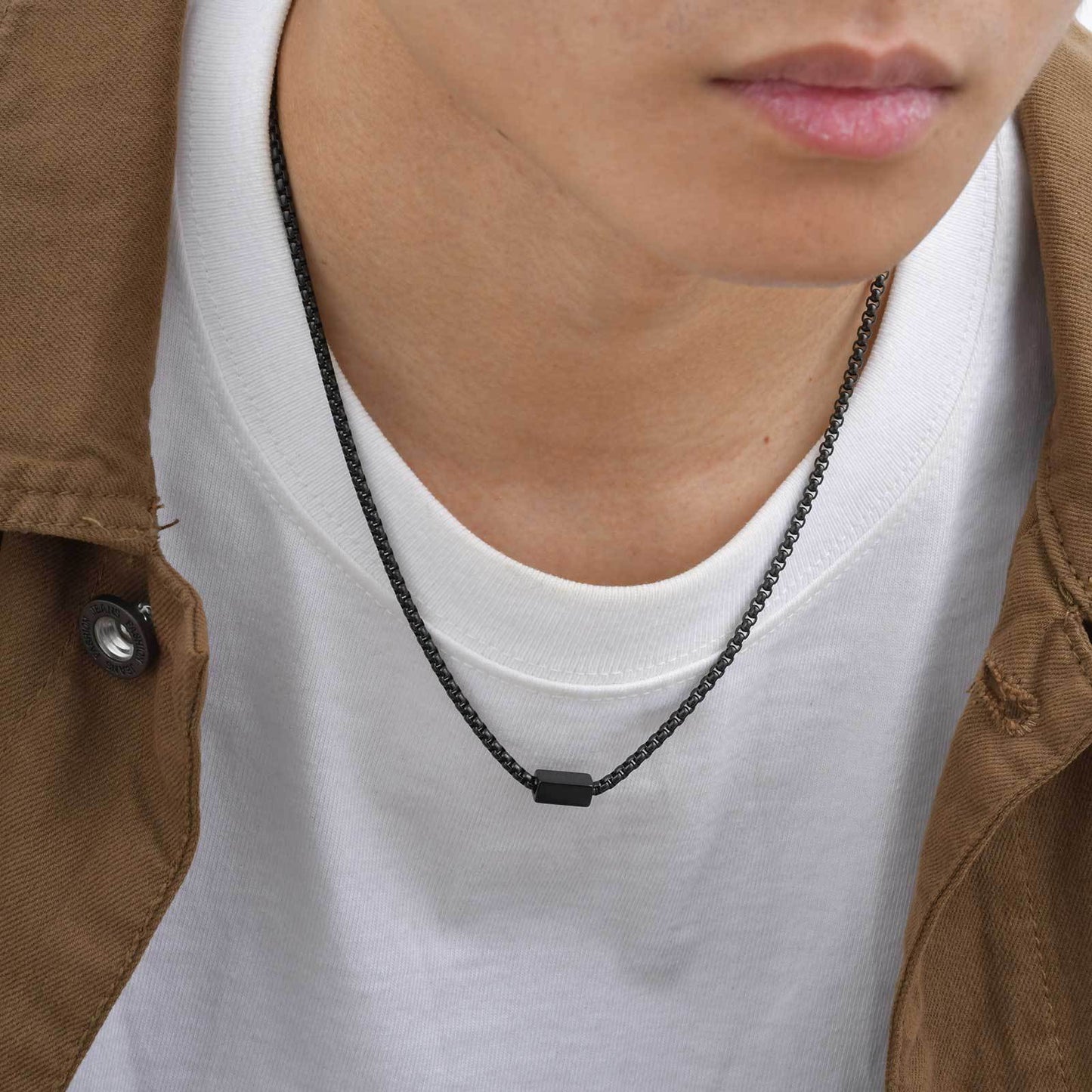 Men's Stainless Steel Square Pearl Chain Square Necklace