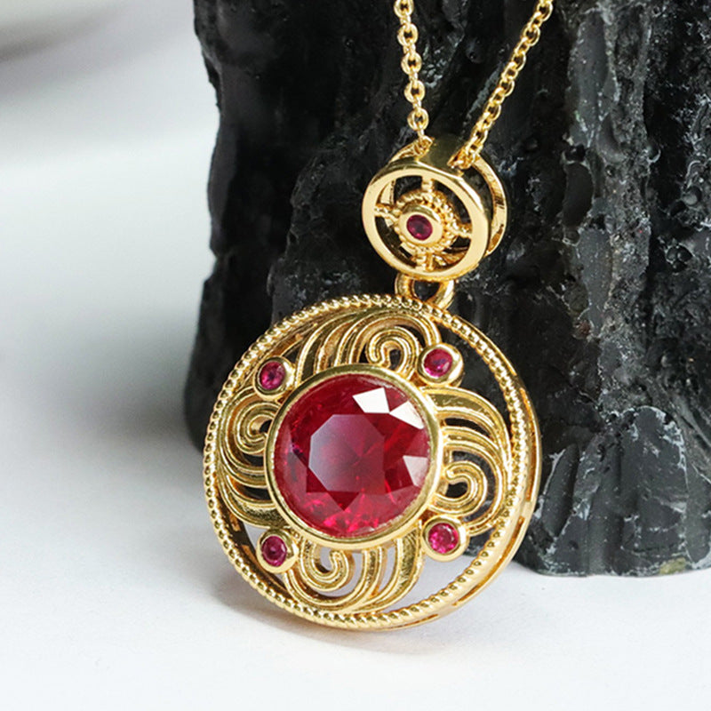 Lab-Grown Ruby Patterned Round Pendant — No Chain
