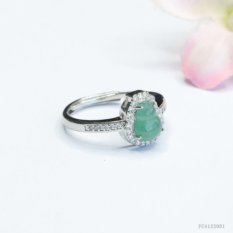 Blue Water Jadeite Gourd Pavé-Style Ring