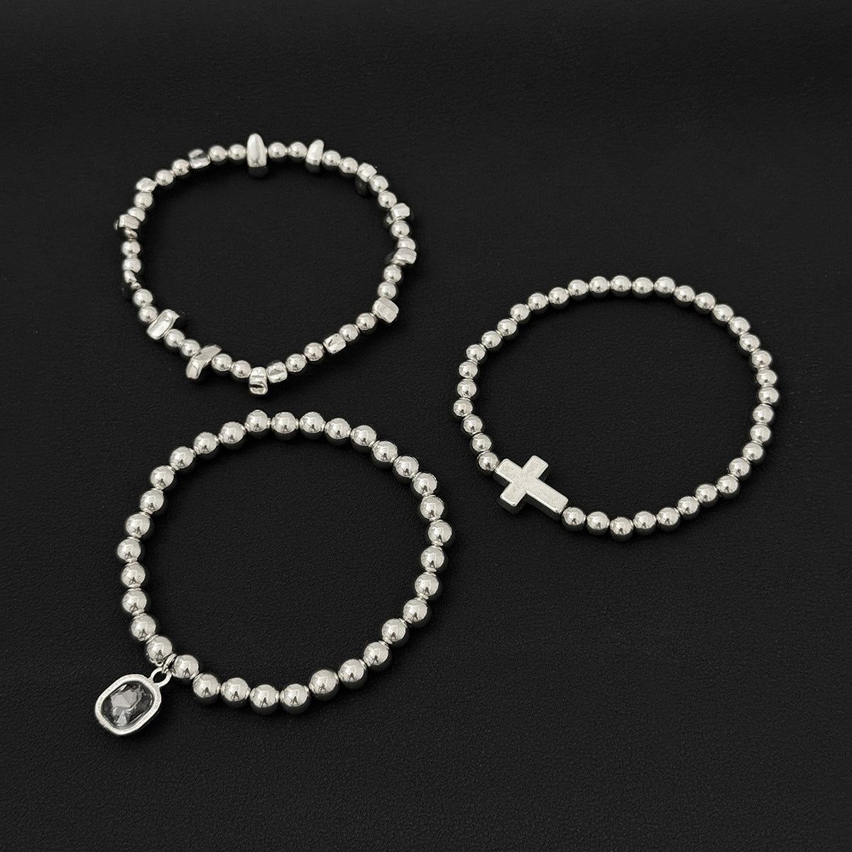 Planderful Vienna Verve Elastic Silver Beaded Bracelet Set With Personalized Gray Stone Pendant Cross For Her