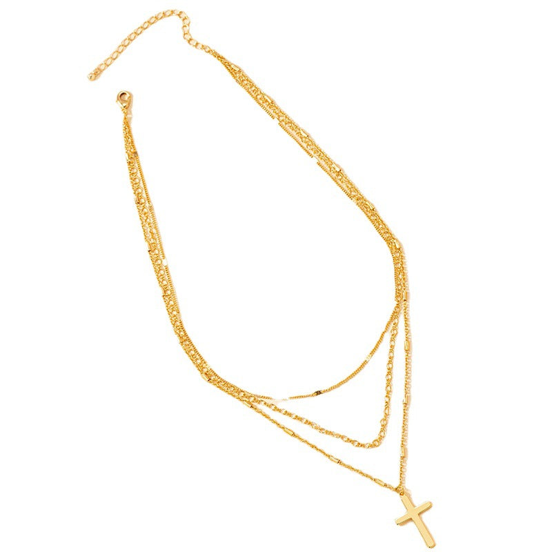 Fashionable Triple-Layer Cross Pendant Necklace with Korean Influence