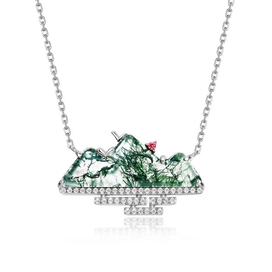 Planderful Jewelry Moss Agate Necklace in Sterling Silver S925 Mountain Clavicle Chain