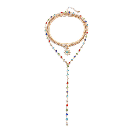 Sun Pendant Crystal-Style Layered Necklace Set