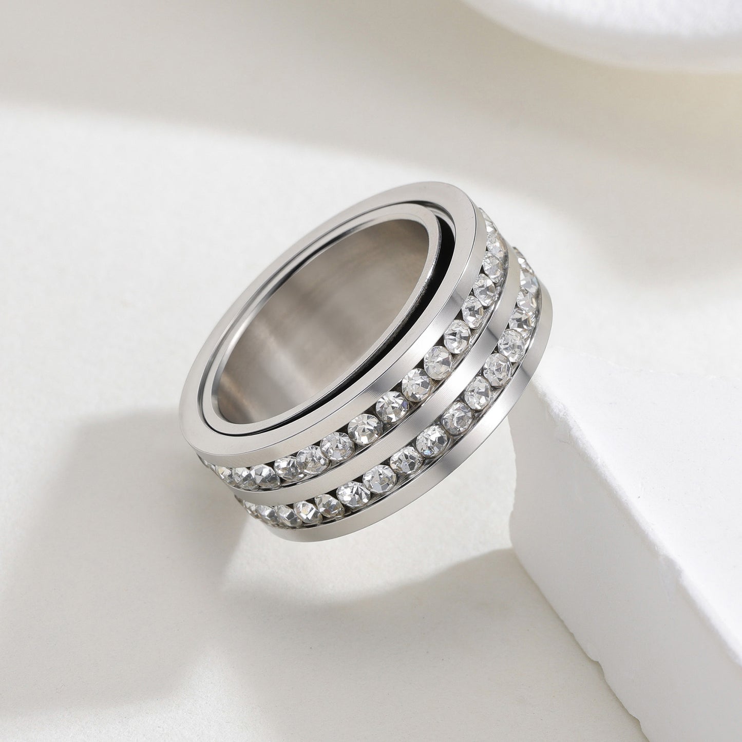 Planderful Everyday Genie Zircon Stainless Steel Ring Rotatable Double Row 8mm Gypsy Unisex Jewelry