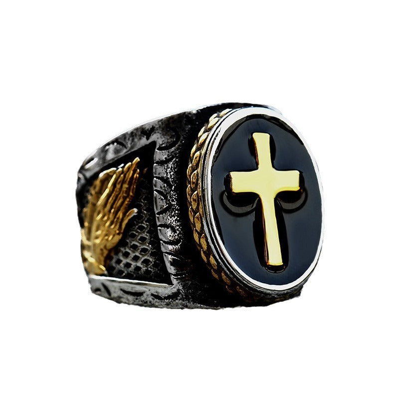 Titanium Steel Cross Epoxy Ring with Stainless Steel Casting Prayer Hands - Wholesale for Men