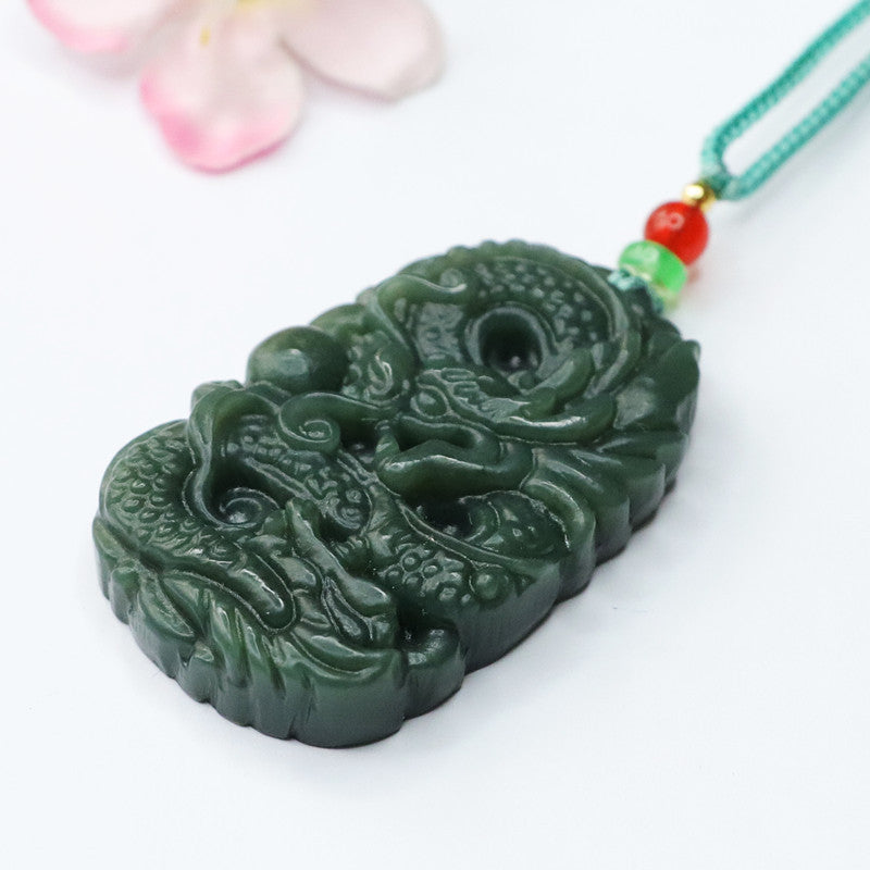 Emerald Flying Dragon Necklace with Beaded Playful Dragon Jade Jewelry