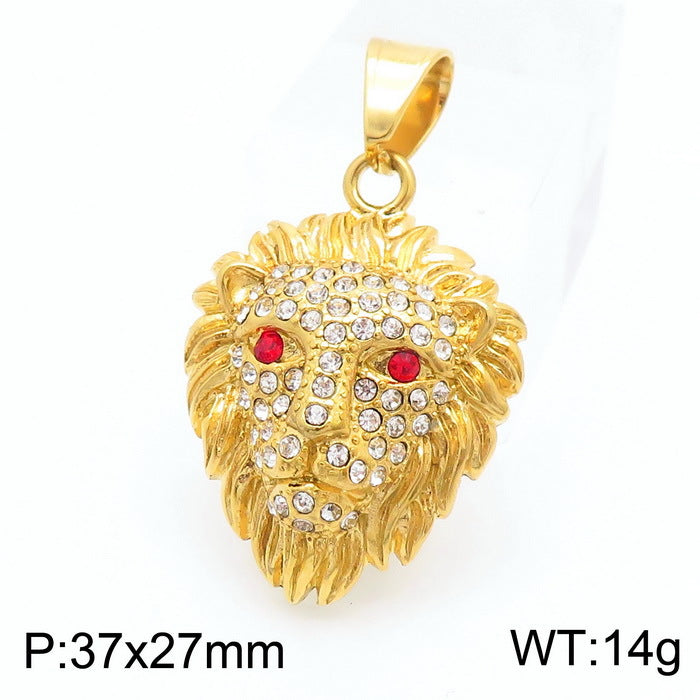 Titanium Steel Lion Head Pendant with Gold Electroplating and Zircon Accents for Men