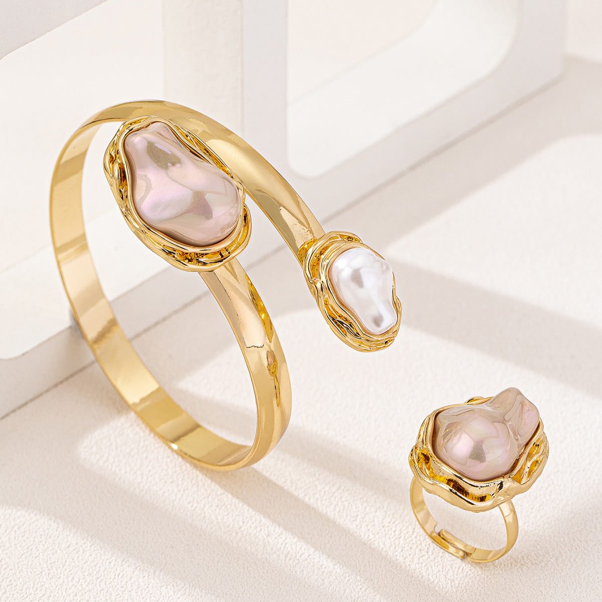 Elegant Pearl Ring and Bracelet Set by Planderful for Women