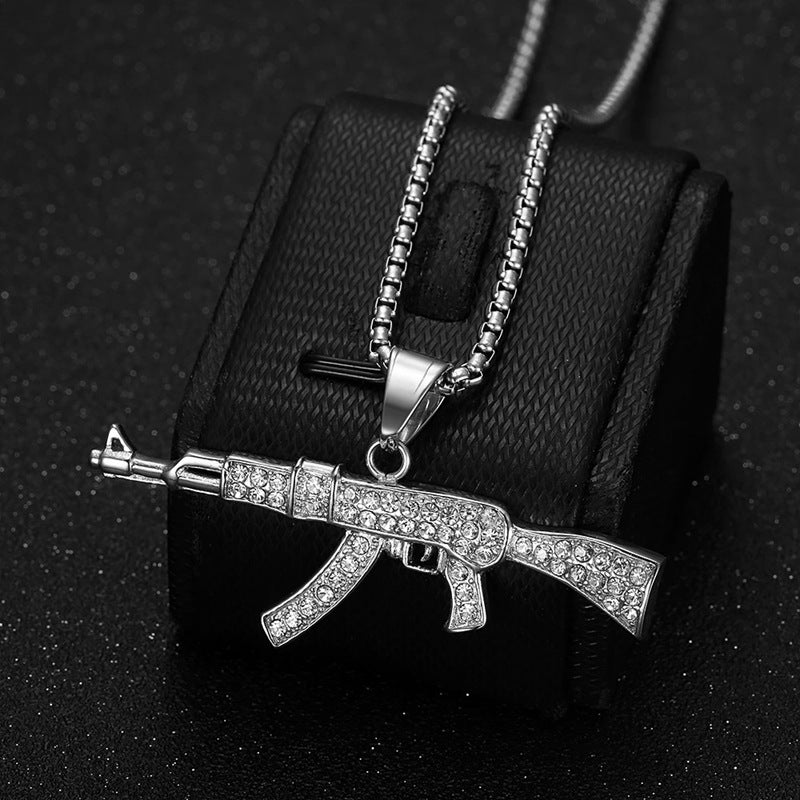 Planderful Hip Hop AK47 Pendant Necklace Stainless Steel Gold Plated Rhinestones For Men And Women