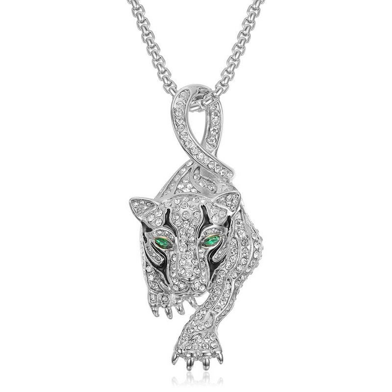 Planderful Leopard Head Pendant Necklace For Hip Hop Style Rhinestone Oil Drip Design Gold Plated Steel