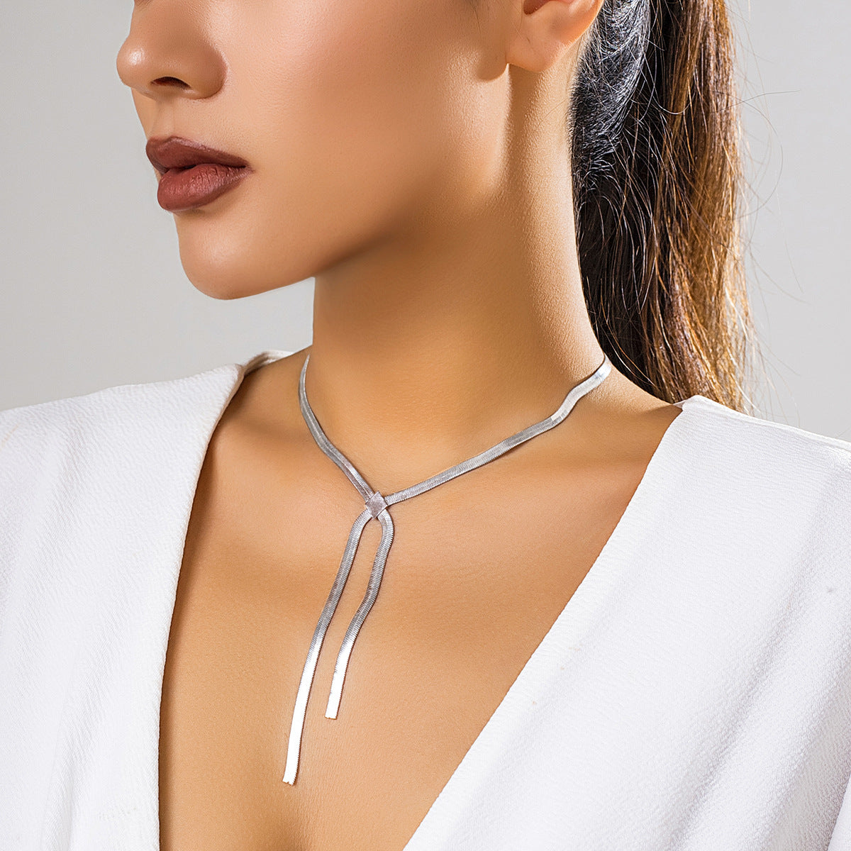 Long V-Shaped Tassel Pendant Necklace Female with Double Snake Bone Chain