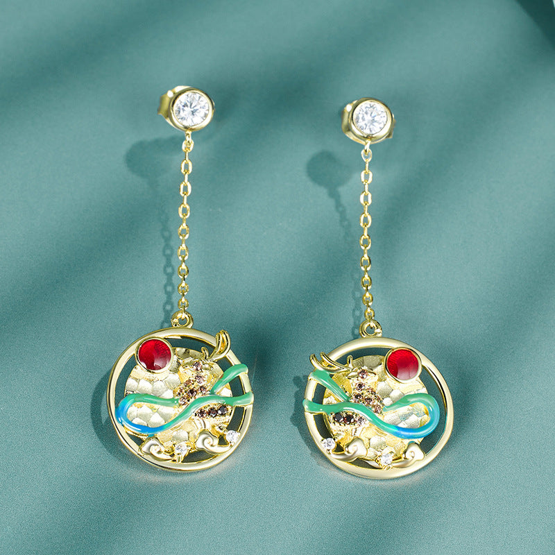 Coloured Deer Tassel Round Pendant Zircon Sterling Silver Drop Earrings