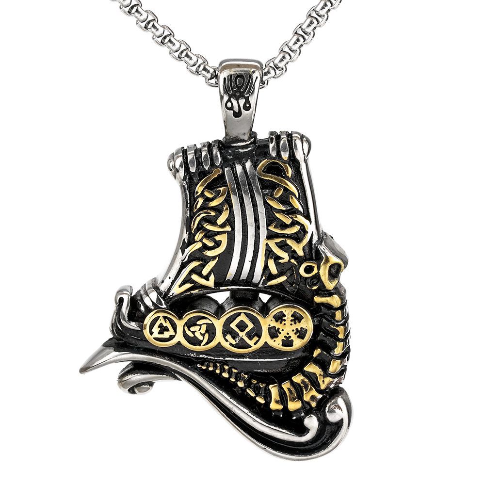 Vintage Stainless Steel Pendant Men's Necklace Viking Ship Rune