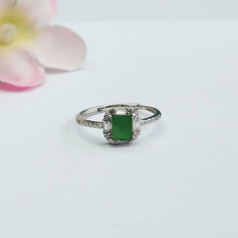 Icy Green Jadeite Square Plaque 925 Silver Ring