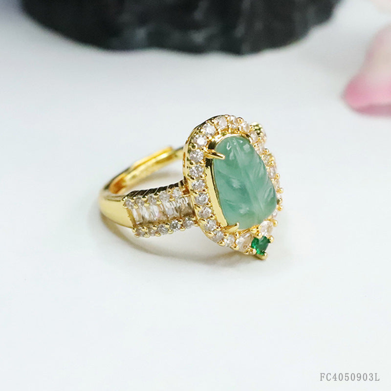 Blue Water Jadeite Leaf Pavé-Style Ring