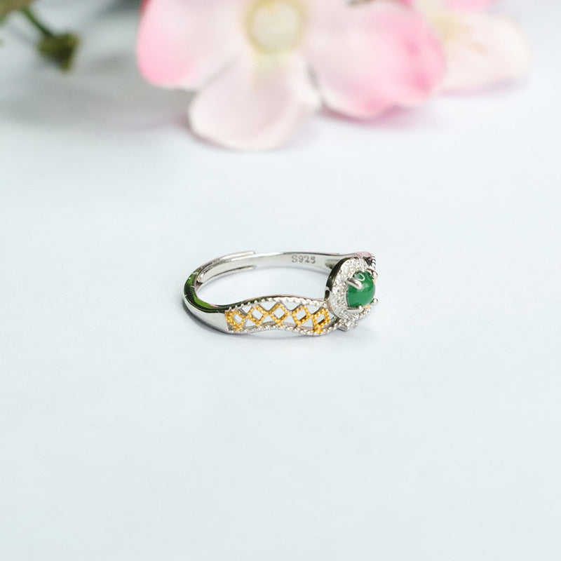 Sterling Silver Ring with Ice Emperor Green Jade and Golden Hollow Pattern