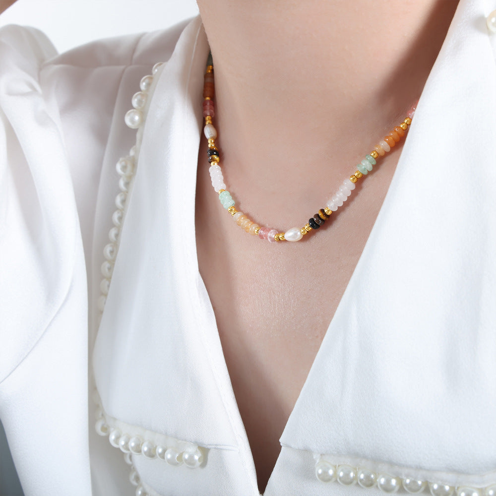 Dopamine Pearl & Gold Plated Natural Stone Beaded Necklace - Handmade Female Jewelry