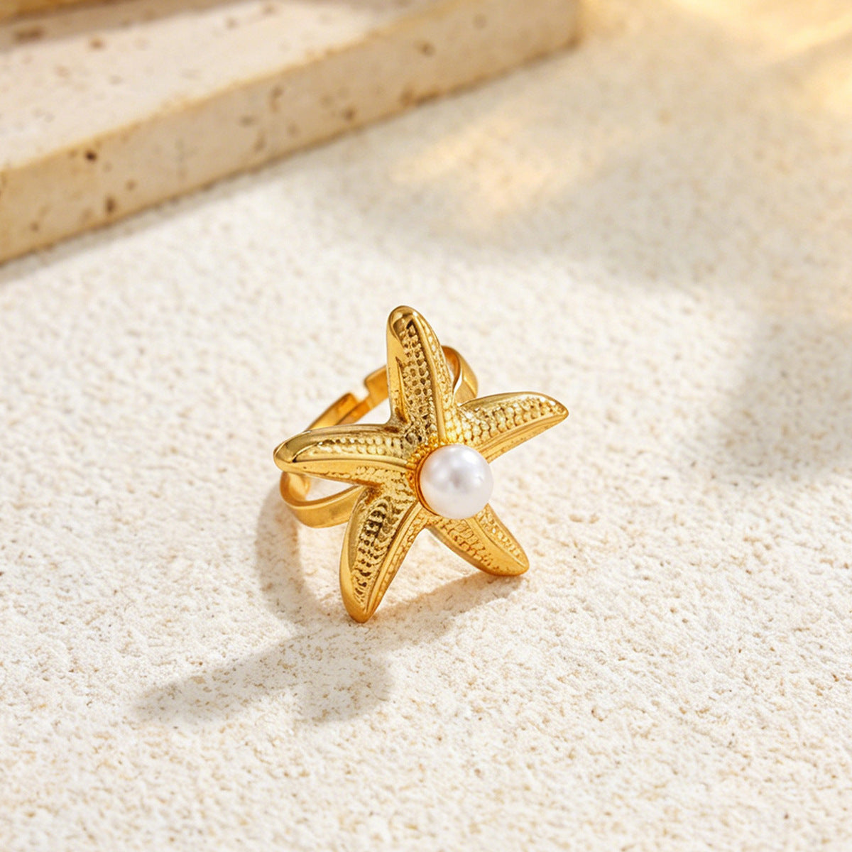 Planderful Ocean Starfish Ring With Imitation Pearl Adjustable Stainless Steel Statement Beach Jewelry For Women