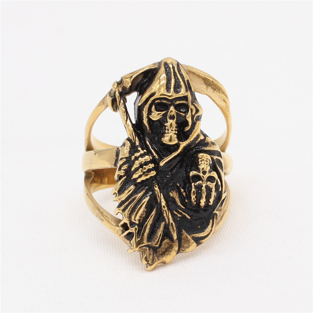 Planderful Titanium Skull Ring Unisex Retro Sickle Design Protection Statement For Gothic Lovers