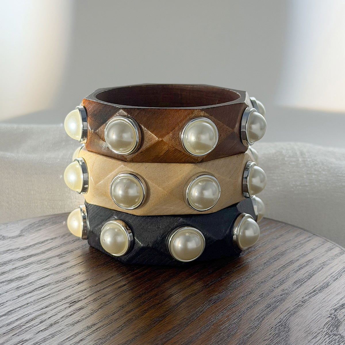 Planderful Vienna Verve Handcrafted Wooden Bracelet With Imitation Pearl Inlay Statement For Women