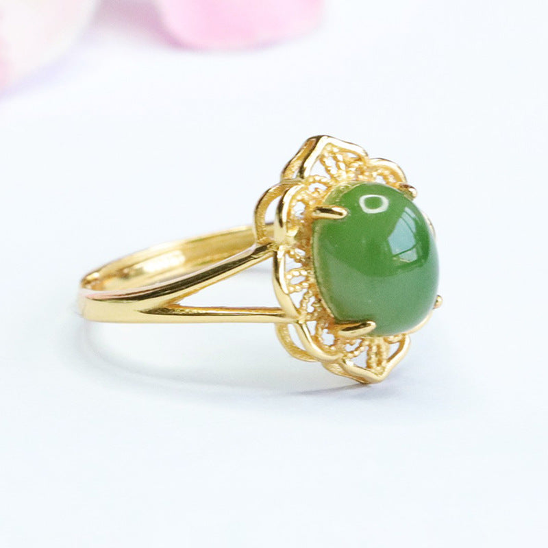 925 Sterling Silver Hetian Jasper Openwork Ring