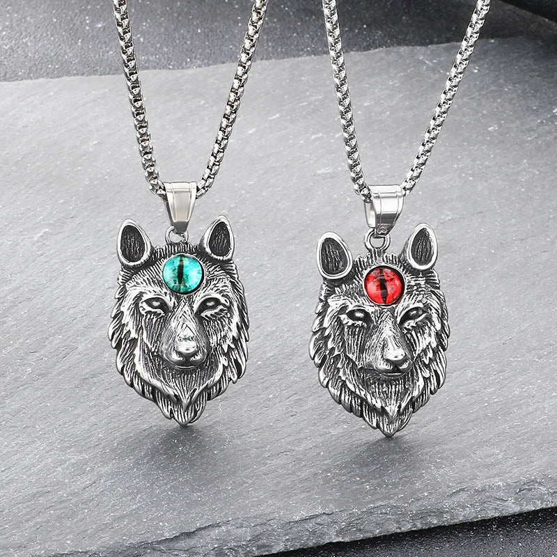 Qixiang Opal Wolf Head Pendant Direct Supply, Punk Style Old Wolf Totem Wolf Necklace