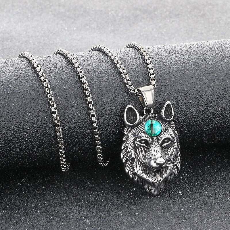 Qixiang Opal Wolf Head Pendant Direct Supply, Punk Style Old Wolf Totem Wolf Necklace
