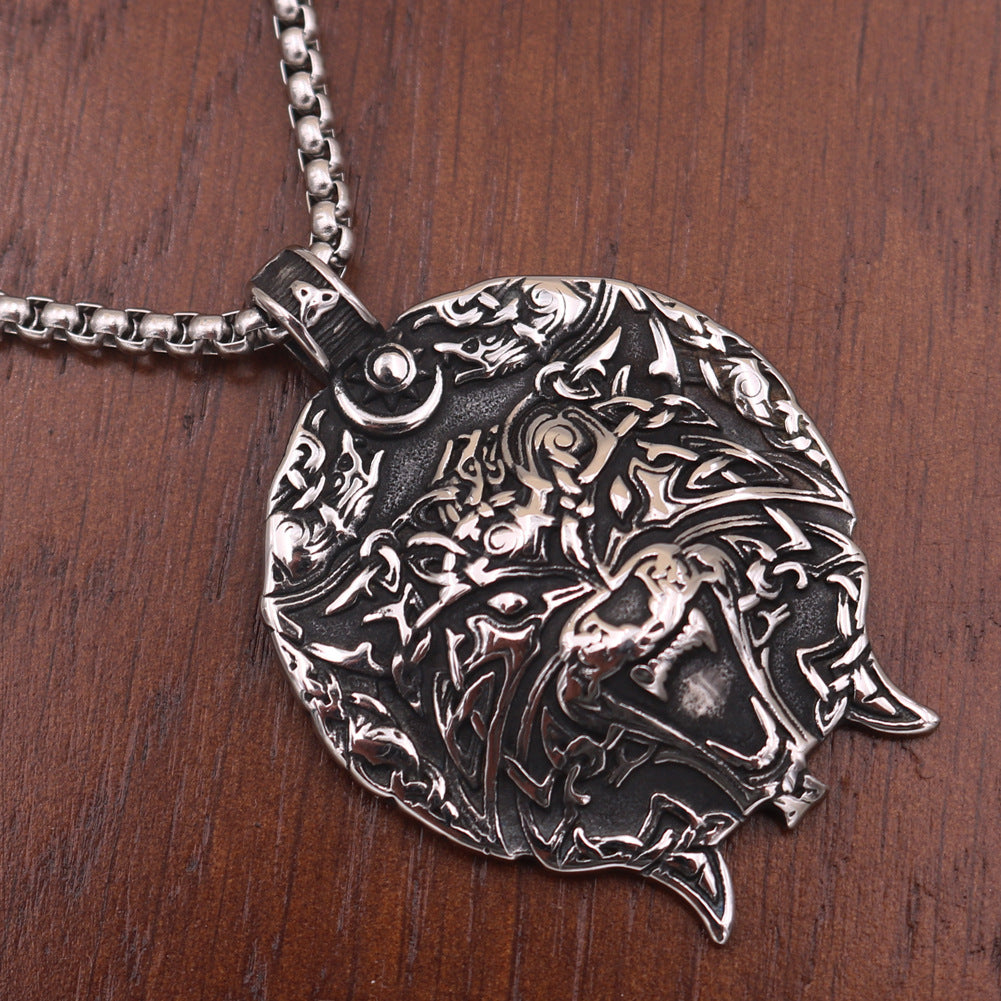 Viking Tiger Head Titanium Steel Necklace with Odin Rune Pendant - Men's Jewelry from Norse Legacy Collection