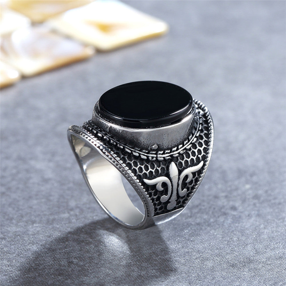 Planderful Everyday Genie Titanium Steel Ring Turquoise Black Stone For Men Unisex Punk Stage Protection Statement